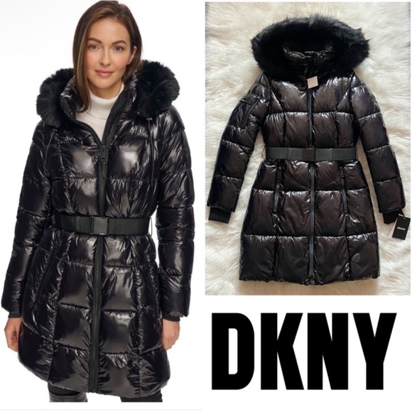 Dkny Jackets & Blazers - New! DKNY Black Glossy Belted Puffer Coat with Removable Faux Fur Hood